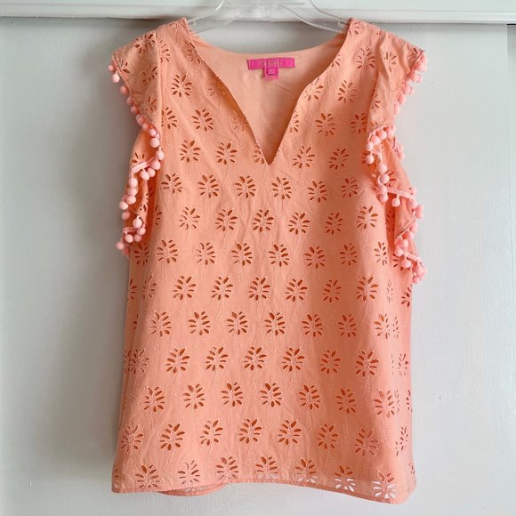 Lilly Pulitzer Astara Top Peach Palm Tree Eyelet Pom Pom Sleeve V Neck Blouse S - Picture 1 of 12